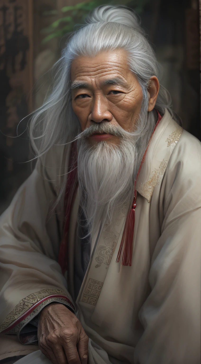 An old beggar，tmasterpiece，top-quality，best qualityer，offcial art，Beautiful and beautiful，realisticlying，The background is blurred out，Asian face，chineseidol，mtu，Upper body effect，The beard is long，White hair