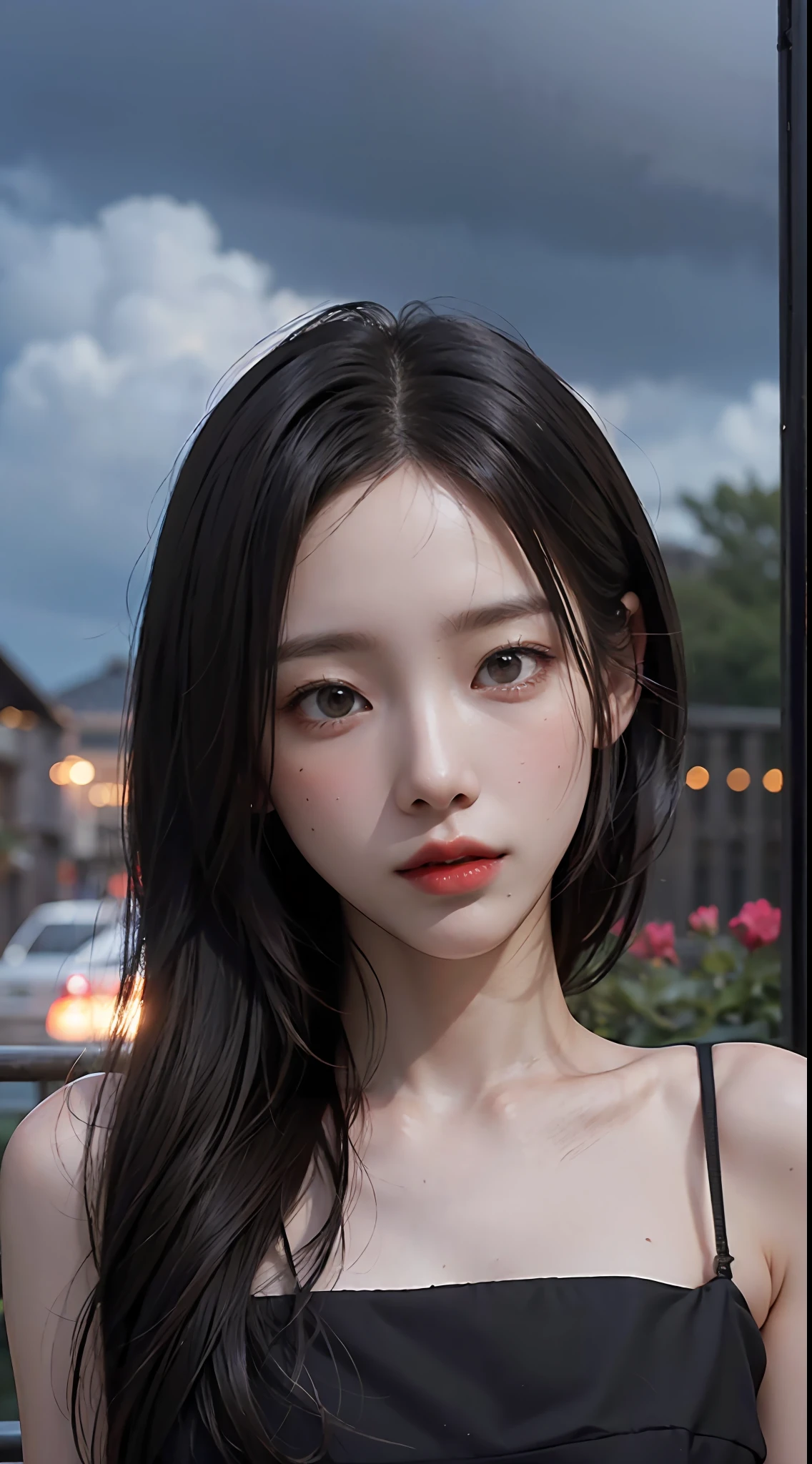 8k, new york, outdoors, crowded, cloudy sky, mature female, black hair, warm lighting, cinematic, photorealistic, high quality, highres, masterpiece, night, natural beauty, sensual look