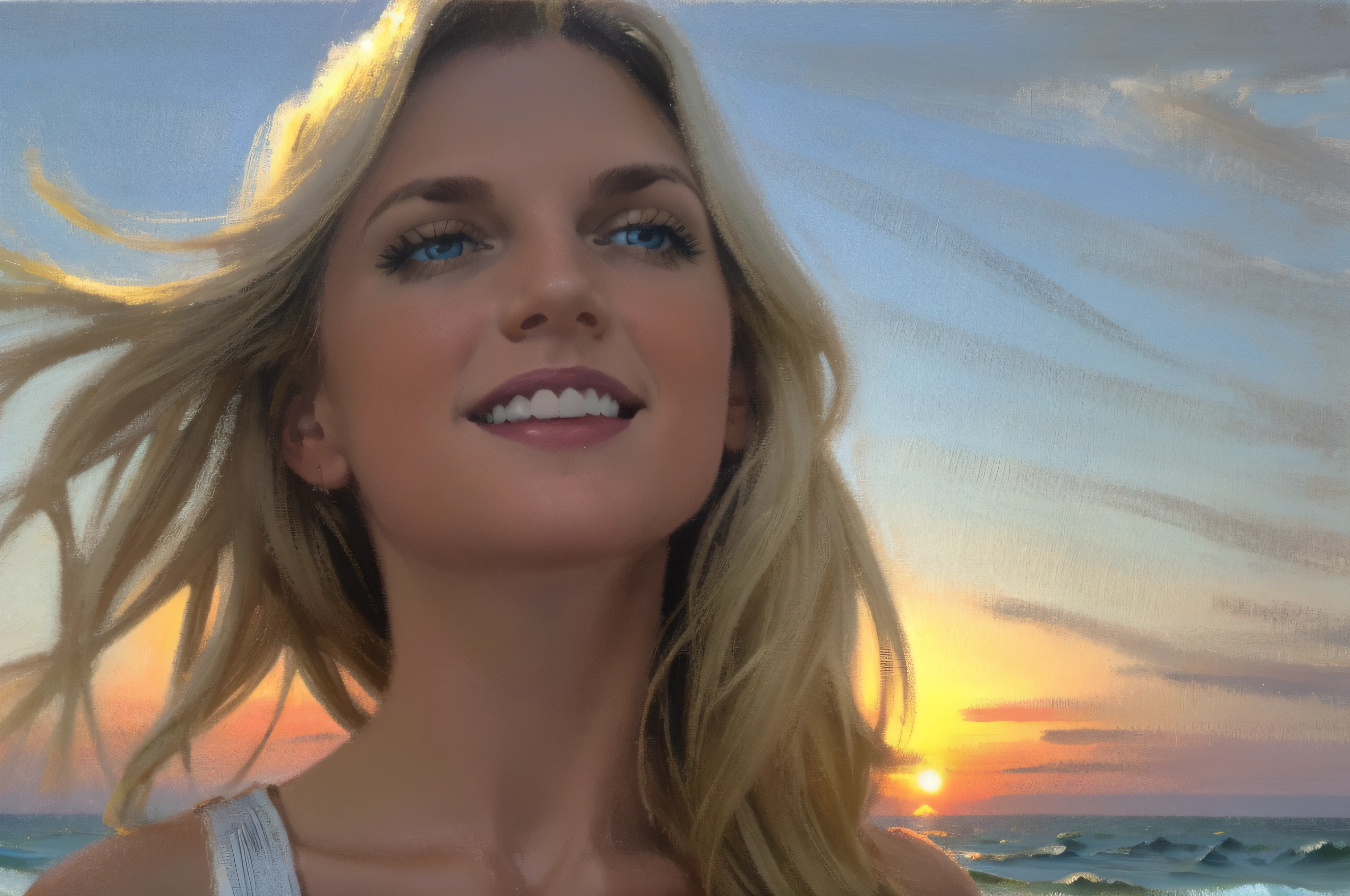 Head and shoulders portrait, Happy Smiling young beautiful Blonde woman, at the sea, by sunset, white thin summer dress, golden blond long hair flowing in the wind, blue eyes, oil on canvas, oil painting, James Gurney, back lit, shot from below, smooth, hyper detailed, natural looking, life like, photo realistic, maximalist, wallpaper, masterpiece, 32k resolution, hyper realistic, best quality, ultra quality, Epic, cinematic, brilliant, stunning, intricate details, meticulously detailed, dramatic, atmospheric, digital matte painting, colorful, bright colors, complementary colors, golden hour, volumetric lightning, high contrast, super detailed face, super detailed hair, romantic vibe, a beautiful summer evening at sunset, ocean waves and sun setting in background