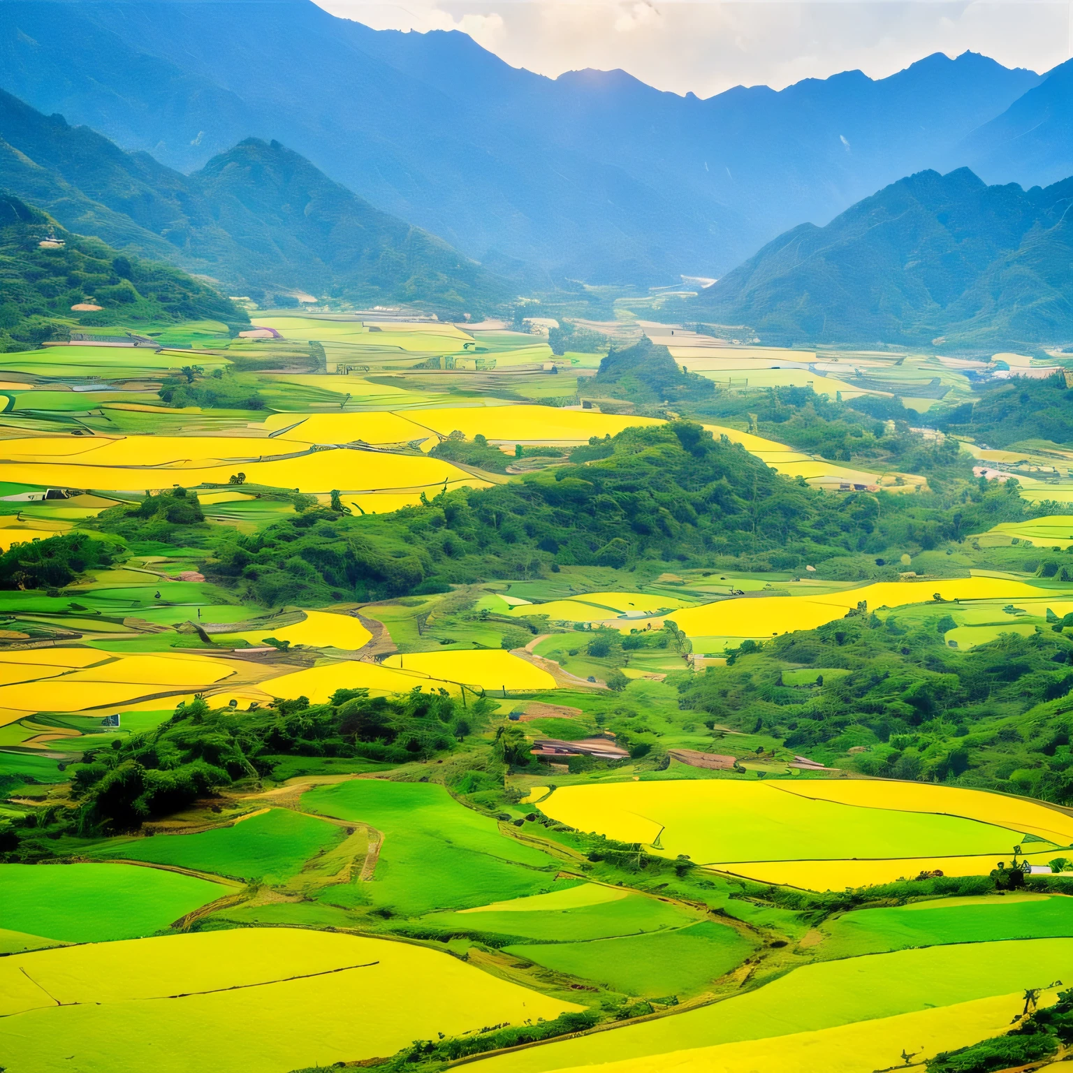 It is surrounded by small hills，In the middle is a flat rice field with endless views，Rice seeds with golden colors。There is a small river at the foot of the mountain，On both sides of the river grow clusters of bamboo，A small child herding cattle，While running happily in the fields --auto