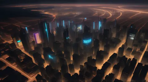 A cyberpunk-style futuristic city at night from above