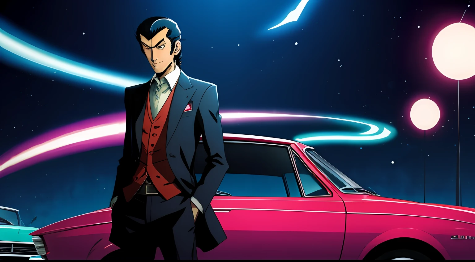 Anime man in suit standing next to a car in a parking lot - SeaArt AI