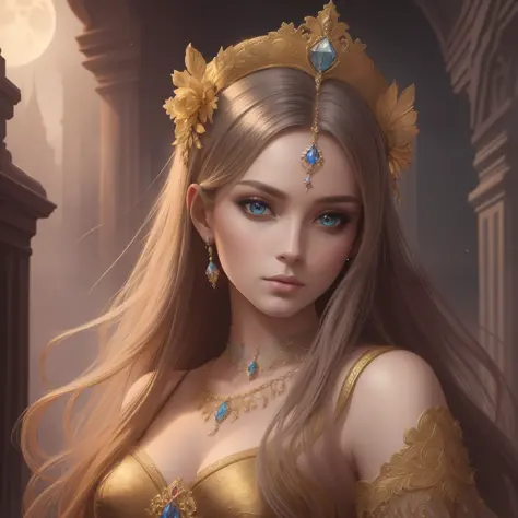 Realistic, (Masterpiece, Top Quality, Best Quality, Official Art, Beautiful and Aesthetic: 1.2), Very Detailed, she is a mystical princess, soft colored smoky atmosphere, glittering, full moonlight, detailed face, insanely detailed, cinematic, Unreal 5, el...