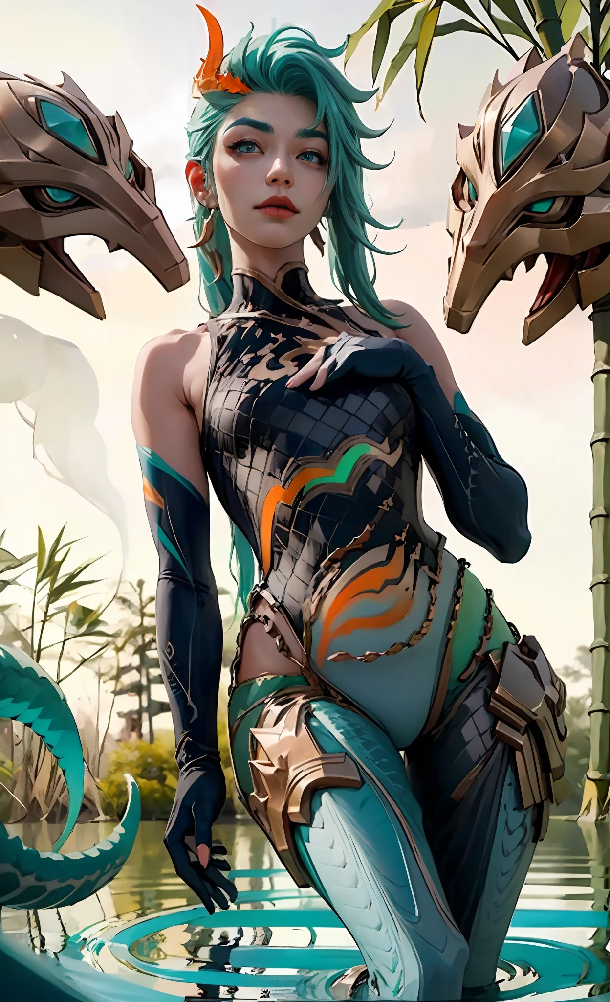 The tall girl put her hand on her chest, combat pose, BREAK, (Dark background, Bamboo forest), (Slim_thights:1.3), Average Breasts, Slender_thights, aqua hair, 1girl, solo, (Miniature body:1.4), generous cleavage, Posing, detailed anatomy, the perfect body, Detailed body, detailized face, Beautiful anatomical eyes. BREAK Kaisa Dragon Lagoon,  The BREAK is very detailed, Intricately detailed art, Artstation's Detailed Triadic Color Trend in Unreal Engine 5, 8K resolution, deviantart masterpiece.