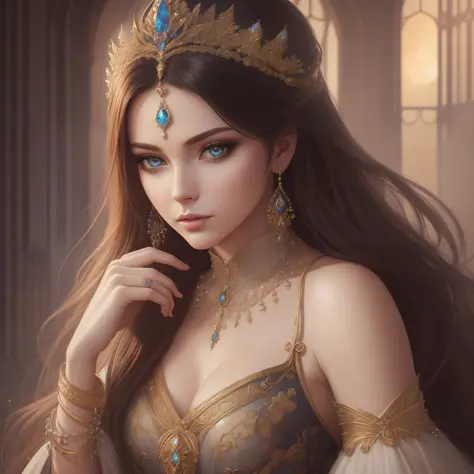 Realistic, (Masterpiece, Top Quality, Best Quality, Official Art, Beautiful and Aesthetic: 1.2), Very Detailed, she is a mystical princess, soft colored smoky atmosphere, glittering, full moonlight, detailed face, insanely detailed, cinematic, Unreal 5, el...