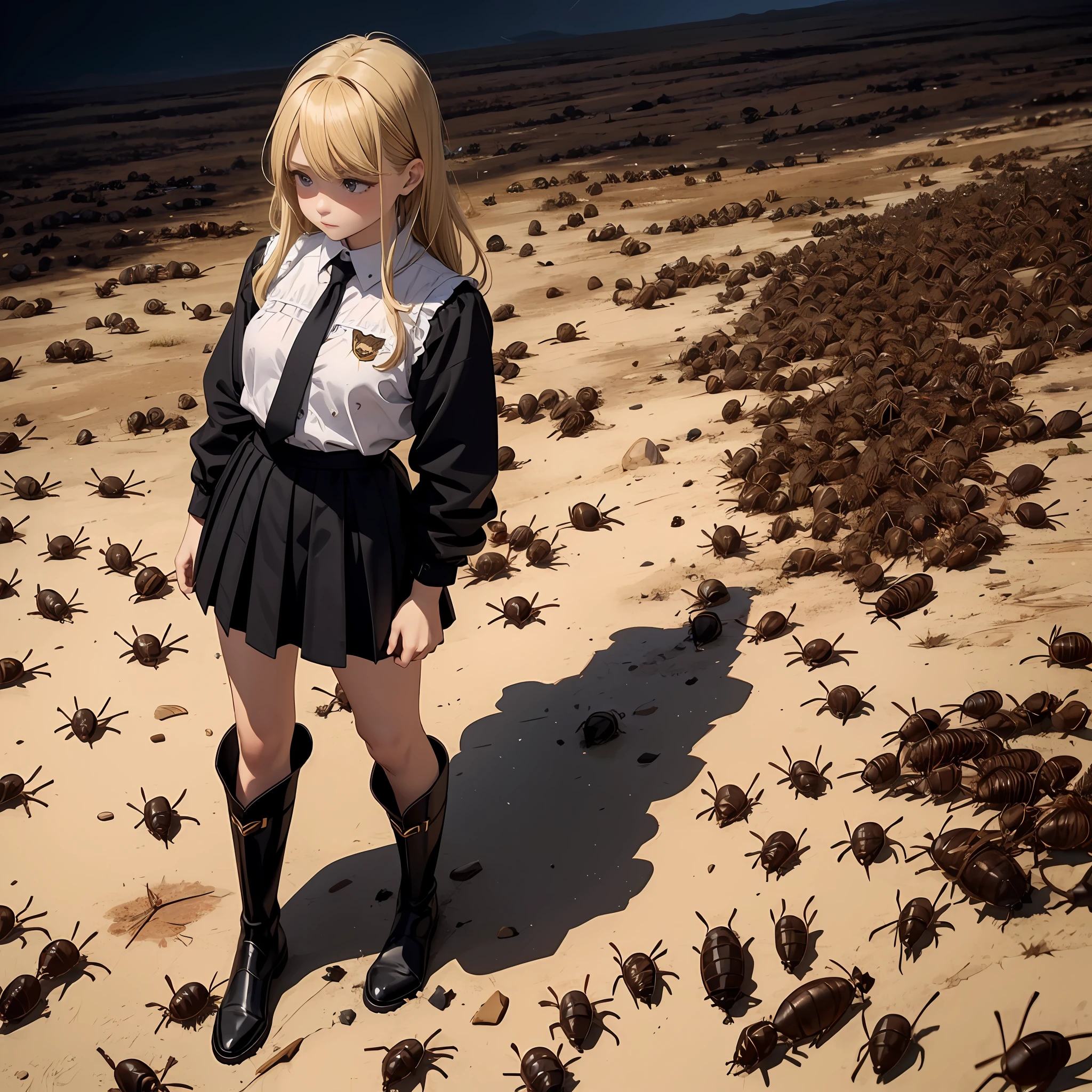 Pile of small cockroaches、Beautiful blonde girl standing on top of a mountain、The remains of a large amount of cockroaches、Black Rubber Riding Boots、looking-down、Arrogant appearance、A large amount of small cockroaches on the ground、Cockroach debris and yellowed liquid、Attack cockroaches