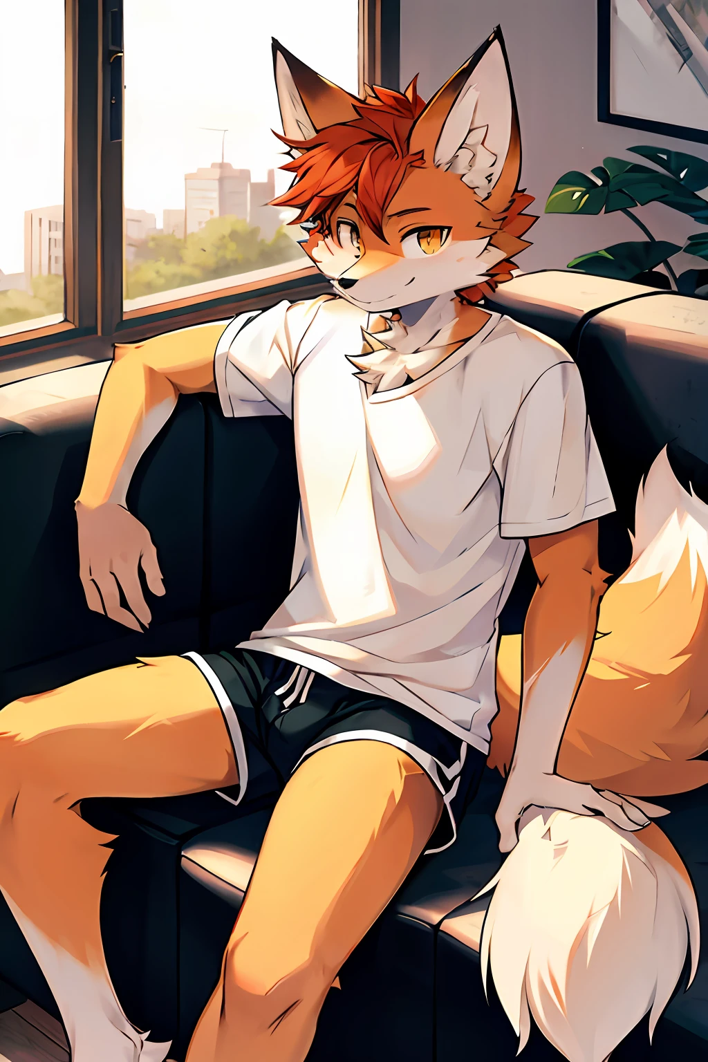 (Fox, furry, anthropomorphic), Male, siting on couch, inside, Livingroom, wearing shorts, wearing shirt, Furry art, Fur on arms, big Floofy tail, fur on legs, (Fur covering whole body, Best quality, human like body figure), looking at viewer
