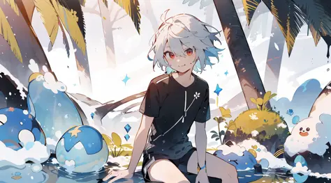 (high high quality, Breathtaking),(Expressive eyes, Perfect face), 1boy, Solo, short, Young boy, White hair, Red eyes, A slight smil,  Black shirt, wear short shorts,  Blue sky, Sunlight, up-close，absurds，High res，ultra Detailed，official arts，统一 8k 壁纸，ultr...
