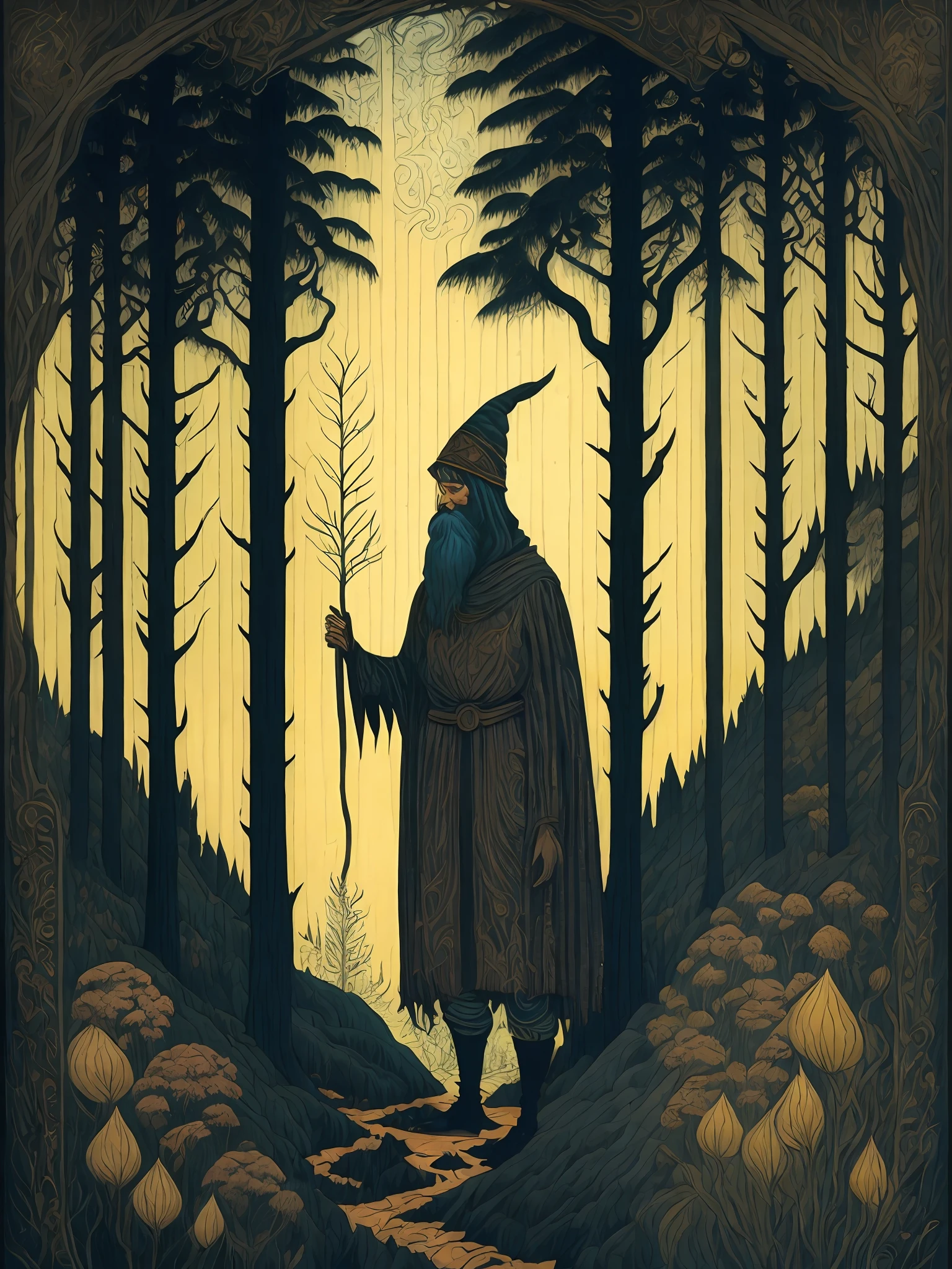 an illustration of a wizard standing in a forest with trees and plants around him by Ivan Bilibin