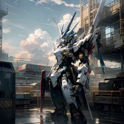 Skysky，​​clouds，holding_weapon，no_humans，with light glowing，A man stands on the roof of a building，facing away from the audience，Look into the distance，Huge robots，buliding，废墟，glowing_eyes，mecha，scientific fiction，城市，Realistis，mecha，GUNPLA --auto