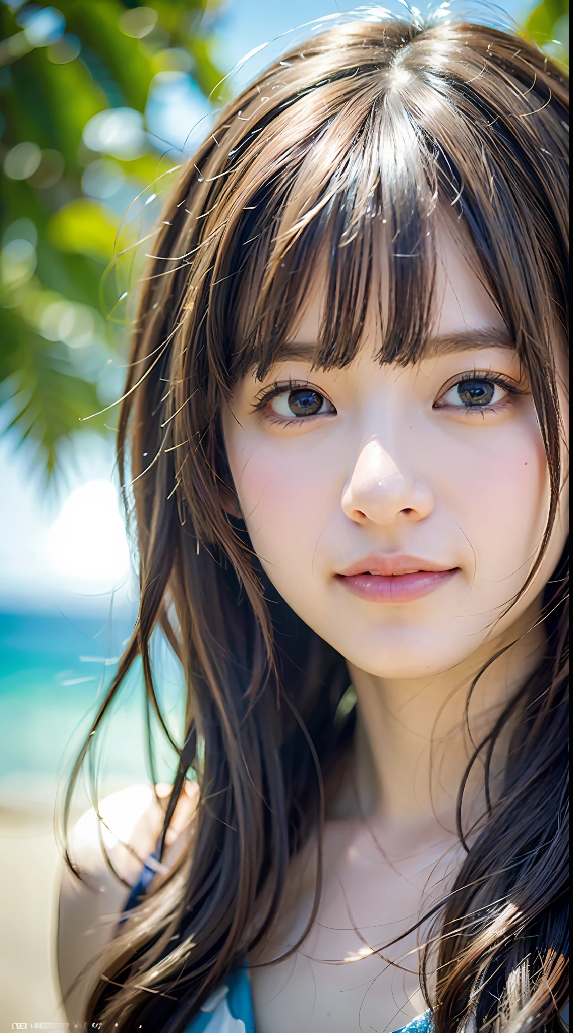 (masterpiece, best quality, beautiful girl, pretty face:1.5), (upper body, bangs, smile:1.2), small waist, (simple background:1.4), beach, (horizon, beautiful sea, sky, sunny day:1.2), bikini, facelight, 8k, official art, raw photo, incredibly absurdres, depth of field, looking at viewer, ultra realistic, highres, photography, film grain, chromatic aberration, sharp focus, bokeh background, dynamic lighting, highest detailed, extreme detailed, ultra detailed, finely detail, extremely detailed eyes and face