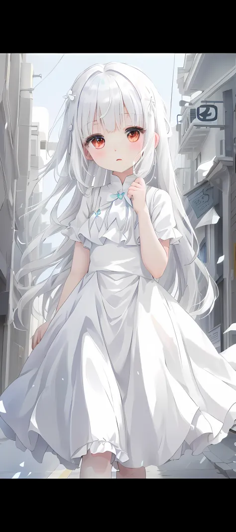 anime girl in white dress walking on city streets, loli in dress, white dress!! of silver hair, white-haired god, small curvaceo...