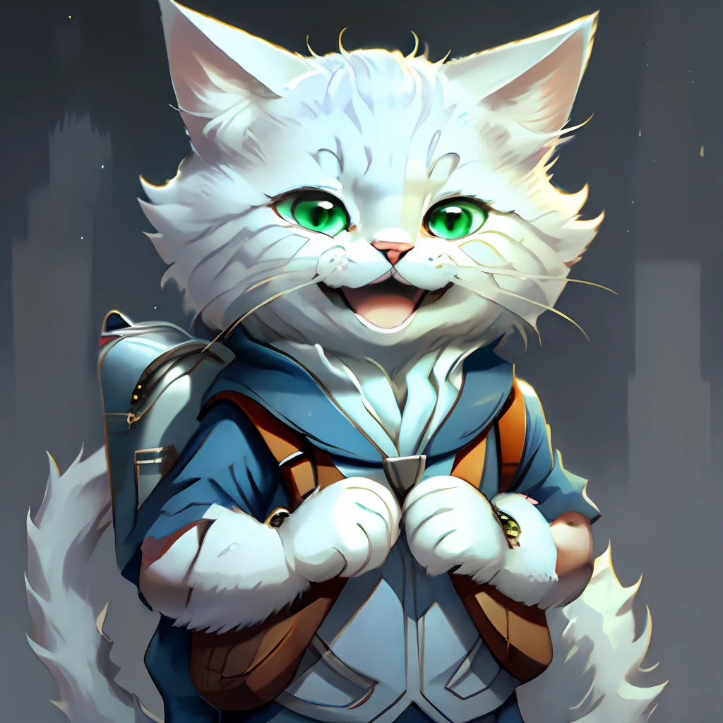 Gato branco peludo estilo Disney sorriso feliz carregando uma mochila escolar, Olhos lacrimejantes rosto redondo