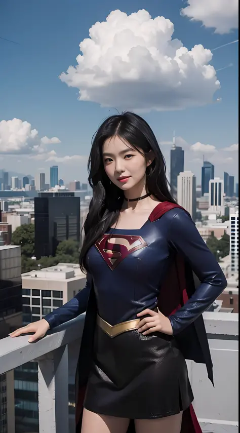 supergirl，black color hair，a asian beauty，detailed depictions of faces，ssmile，standing on top of tall buildings，（three-quarters ...