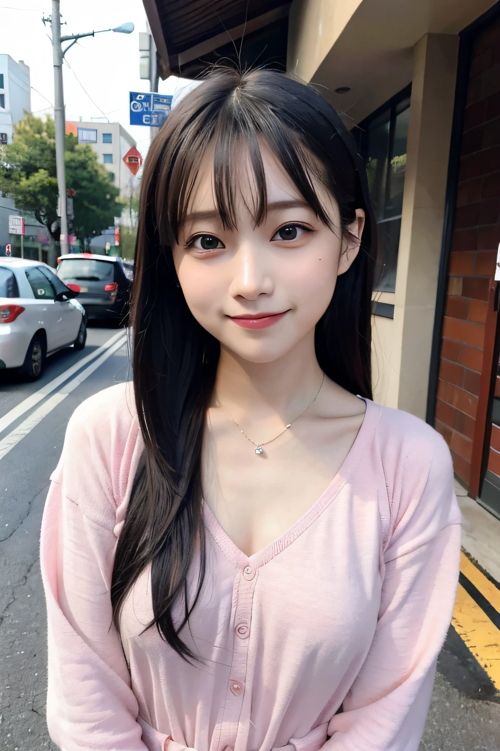 (((Medium Hair))), top-quality, 8K, nffsw, Hi-Res, absurderes:1.2, a picture, (Raw photography:1.2), (Photorealsitic:1.4), (​masterpiece:1.3), (intricate detailes:1.2), 1girl in, 独奏, a japanese girl, Delicate and beautiful details, (A detailed eye), (detailed facial features), 小柄, (((tiny chest))), tonned skin, (up looking_で_viewer), from a_front, (skiny), (top-quality:1.4), (超A high resolution:1.2), cinematric light, (Extreme detailed illustration), (lipgloss、top-quality、超A high resolution、depth of fields、Caustics、Broadlighting、Natural Shading、85 mm、F / 1.4、ISO 200、1 / 160 seconds:0.75)、1girl in、独奏、Casual wear、A smile、校服、a necklace、、student clothes、乃木坂アイドル、hposing Gravure Idol、Beautie、In the street、Office Lady、(s Office)、The shirt、lana