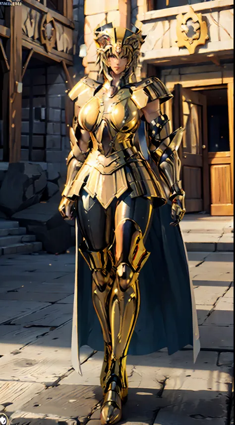 ((Unreal Engine 5)), Realistic Rendering, Excellent, Full armor, knight Cloak, helm, (Yoga hotpants), looking on camera, sexy posing walking down on street, beautiful face, makeup, CGImix, (photorealism:1.2), ultrarealistic uhd face, (huge fake boobs:1.4),...