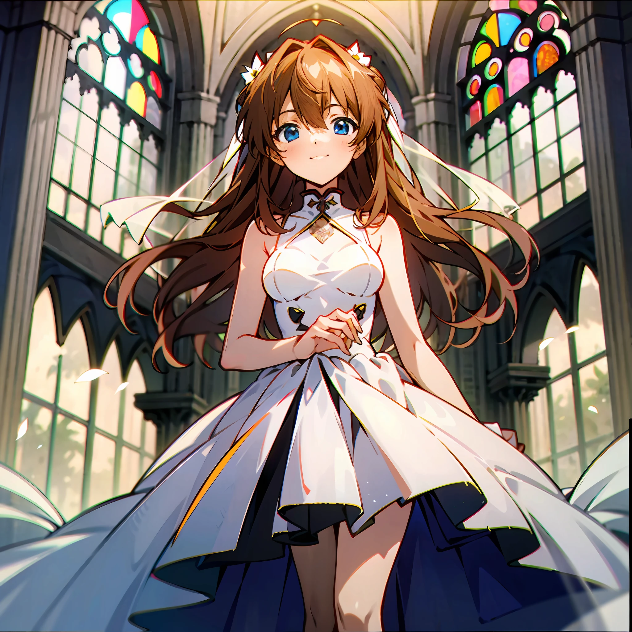 ((best qualtiy))，((tmasterpiece))，(Detail 1.4)，明日香，Hyper-Resolution，8k，fresh flowers，Holding flowers，A Gothic Church:0.8，rays of sunshine，lots of brightness，Warm color 1.2，The camera is located below the character，Wedding dress 0.6，facing at camera，blue color eyes，Small eyes，1个Giant Breast Girl，ssmile，In front of the window，Wearing a plain white wedding dress，lace decorations，face to the viewer，Long brown hair，figure，standing on your feet，inside in room，light and shadow effect，