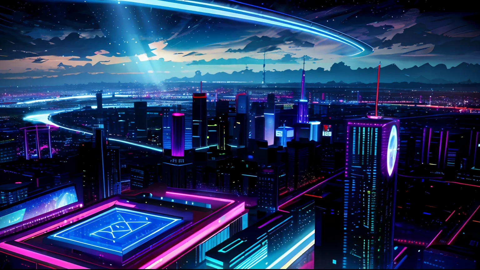 （tmasterpiece，best qualtiy：1.4）， cinematric light， Colorful， hight contrast， cyber punk perssonage， neonlight， 城市， view over city， （daysies：1.2）， Skysky， rays of sunshine，magic，imagining，epcot