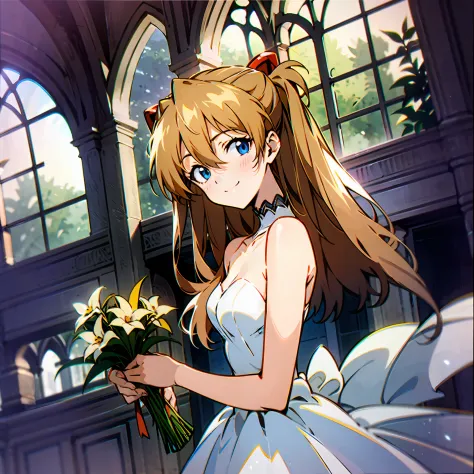 ((best qualtiy))，((tmasterpiece))，(Detail 1.4)，asuka，Hyper-Resolution，8K，fresh flowers，Holding flowers，A Gothic Church:0.8，rays of sunshine，lots of brightness，Warm color 1.2，The camera is located below the character，Wedding dress 0.6，facing at camera，blue ...