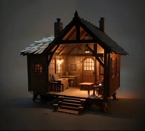 There is a small house，The roof is red，Brown roof, 3 d render stylized, stylized 3d render, a multidimensional cozy tavern, stylized as a 3d render, Stylized 3 D, Medieval House, low - poly 3 d model, dimly-lit cozy tavern, fantasy building, low poly 3d mo...