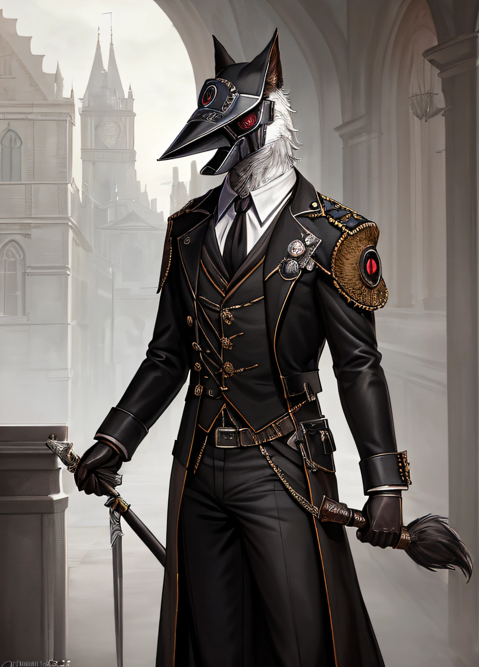 Masterpiece, realistic, best quality, (furry art, uploaded on e621:1.4), (very detailed CG unity 8k wallpaper), professional artwork, bloodborne, gothic, Industrial, 1man, Inquisitor, Pathfinder Inquisitor, gorgeous military Prussian uniform, Steampunk, plague doctor mask,