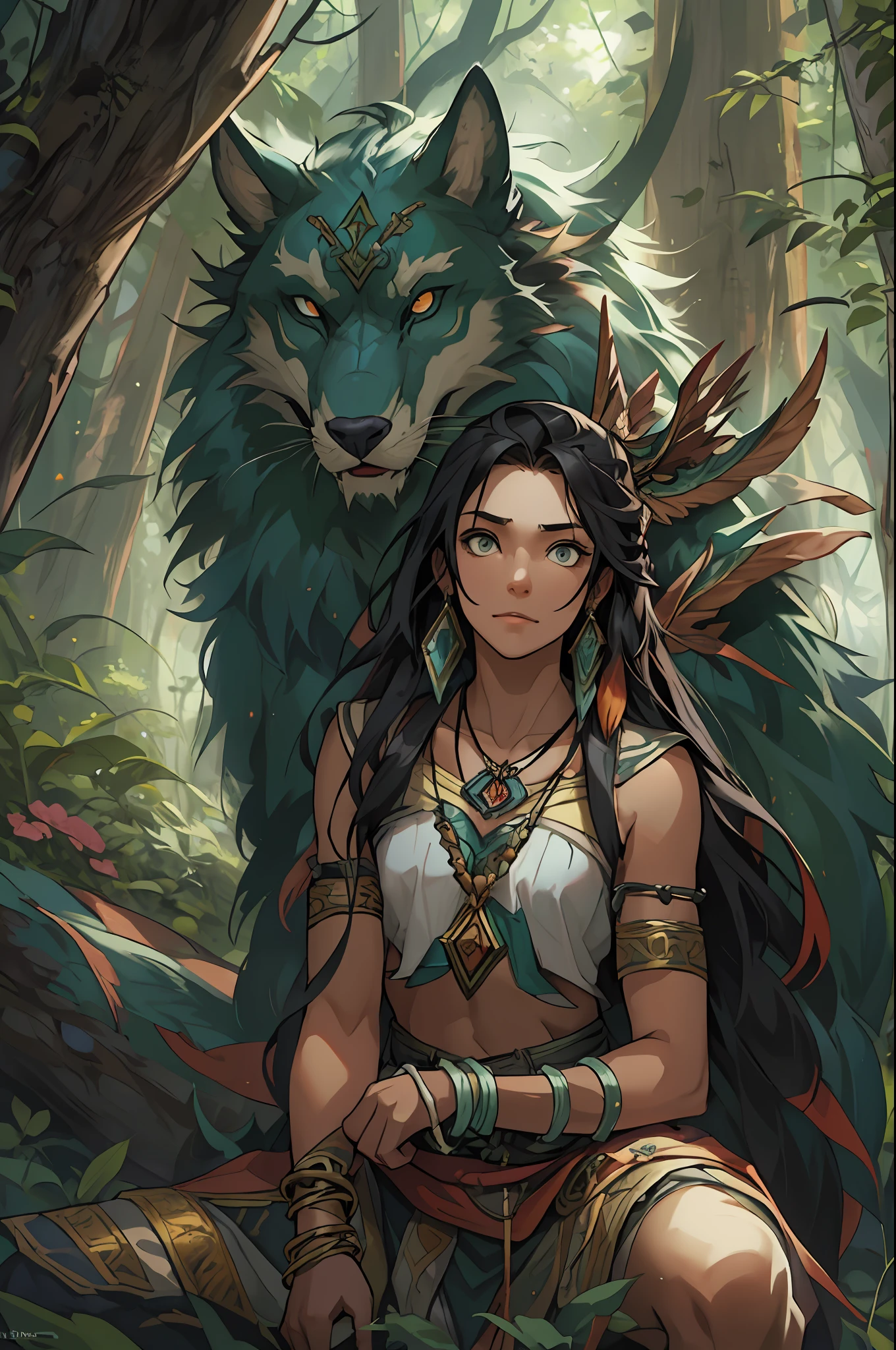（1 Northern Girl，Animal fur clothing，Norse primitives），Anatomically correct, Solo, （shaman, Nature, Healer, wild hairs, Dark black hair, Unkempt hair, longspear, pretty eyes, Long bead necklace, Bead bracelet, trinkets, Vines in hair, Thick body, Wide body,Fantasy setting）, Outdoor activities in a dream forest, Ancient ruins, Magic the Gathering, dungeons and dragons, character concept, character art, Character portrait, Cartoon, Best quality, Best resolution, 4K, Vivid colors, Vivid, High detail, best detail, confident pose, extrovert, look from down, Serious expression