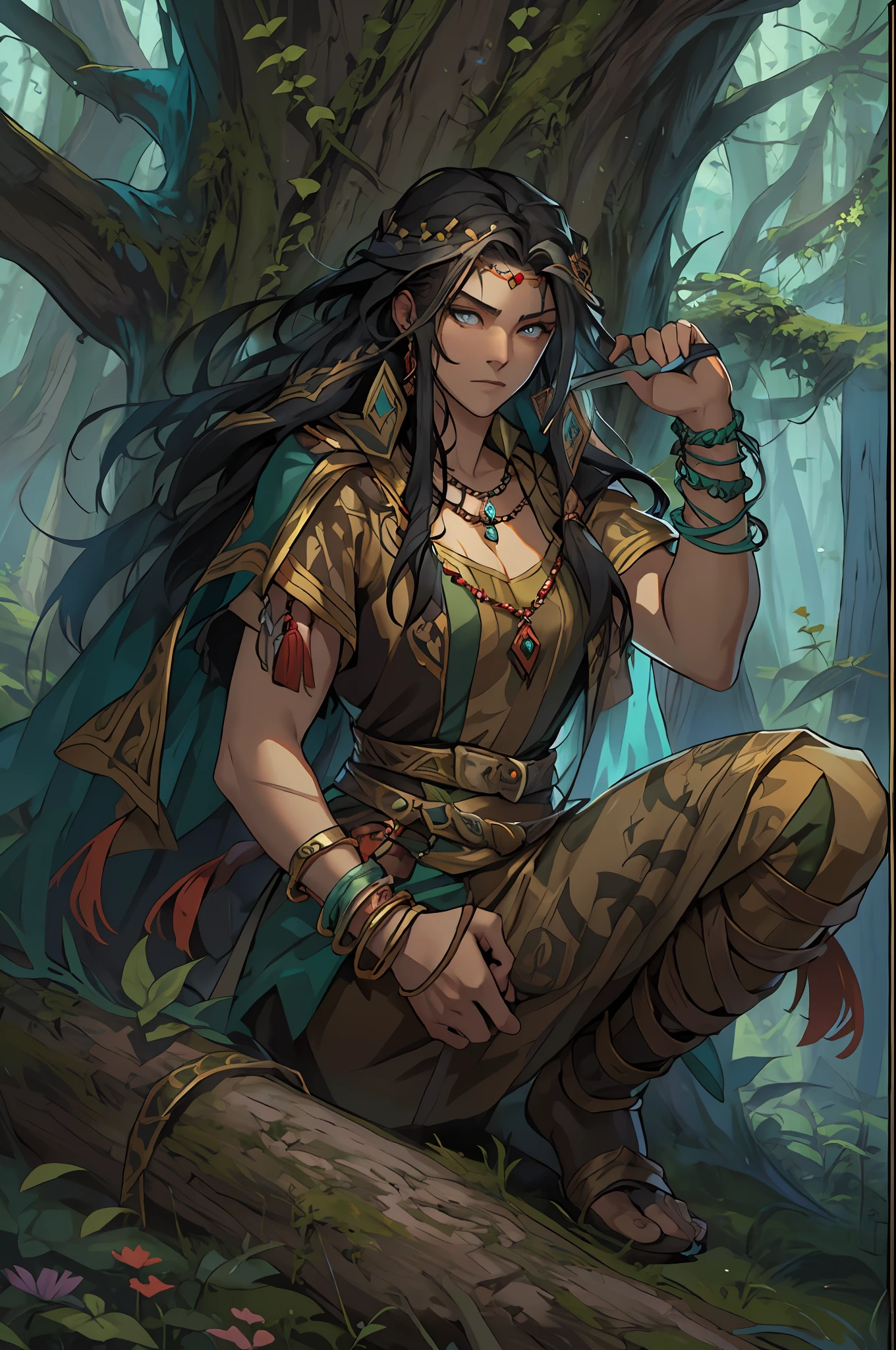 （1 Northern Girl，Animal fur clothing，Norse primitives），Anatomically correct, Solo, （shaman, Nature, Healer, wild hairs, Dark black hair, Unkempt hair, longspear, pretty eyes, Long bead necklace, Bead bracelet, trinkets, Vines in hair, Thick body, Wide body,Fantasy setting）, Outdoor activities in a dream forest, Ancient ruins, Magic the Gathering, dungeons and dragons, character concept, character art, Character portrait, Cartoon, Best quality, Best resolution, 4K, Vivid colors, Vivid, High detail, best detail, confident pose, extrovert, look from down, Serious expression