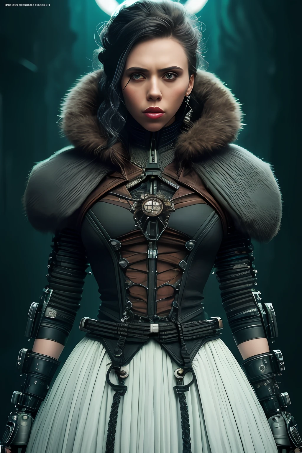 scarjo-subject Biomechanischer Hacker - Schamane der Schwesternschaft der Kabel trägt Kabel - Kleid aus Kabeln mit biomechanischem Filigran, Super Haute Couture hochdetaillierte Augen, sehr detaillierte Lippen, Hochdetaillierte Haut, bokeh, lenseflare, von Emil Melmoth, Marcin Nagraba, Rebecca Millen, aufgenommen mit Hasselblad X1D - 50c