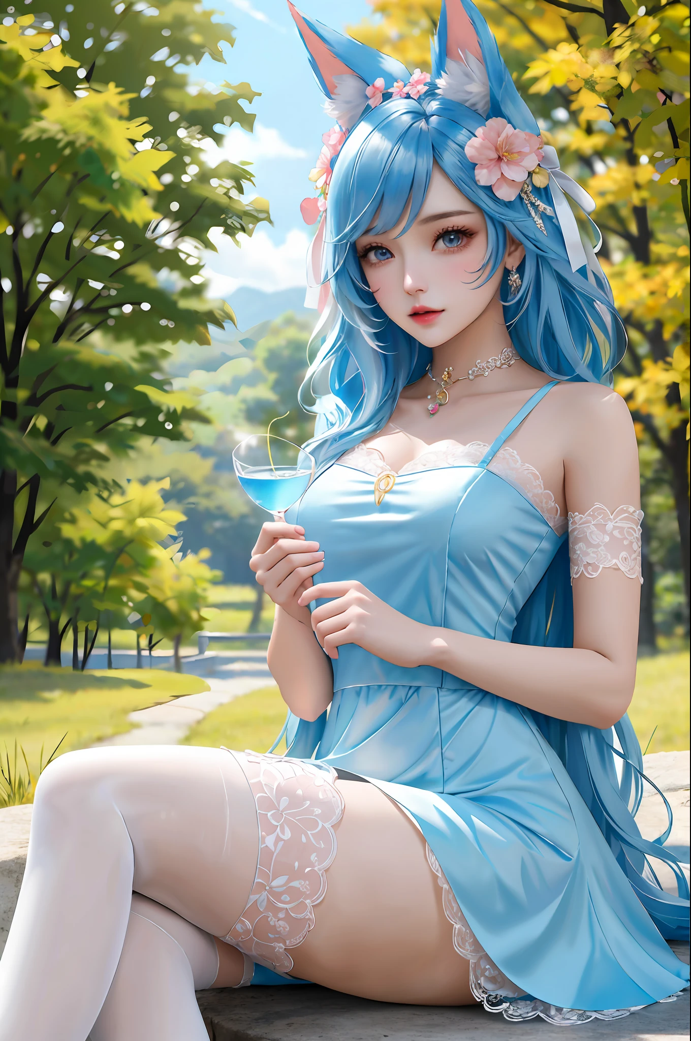 （tmasterpiece: 2.0，Best picture quality），（Ultra-fine eyes: 2.0），ph_REM，Remoud（1girll），blue hairs，独奏，eBlue eyes，x Headgear，Lace leg ornament，Bow knot，stocklings，Liquid socks，lacepantyhose，Suspenders，lolita，lolita shoes，full bodyesbian，Two hands，Two legs，Photo art，offcial art，maidennurse，Skysky，rays of sunshine，Peachblossom，Peach Blossom Mountain Forest