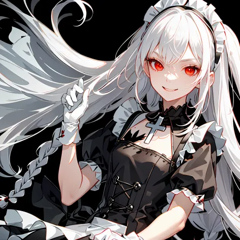 best quality, ultra detailed, 1girl, solo, standing, white hair, twin braids, red eyes,((black background)),maid headdress,maid ...