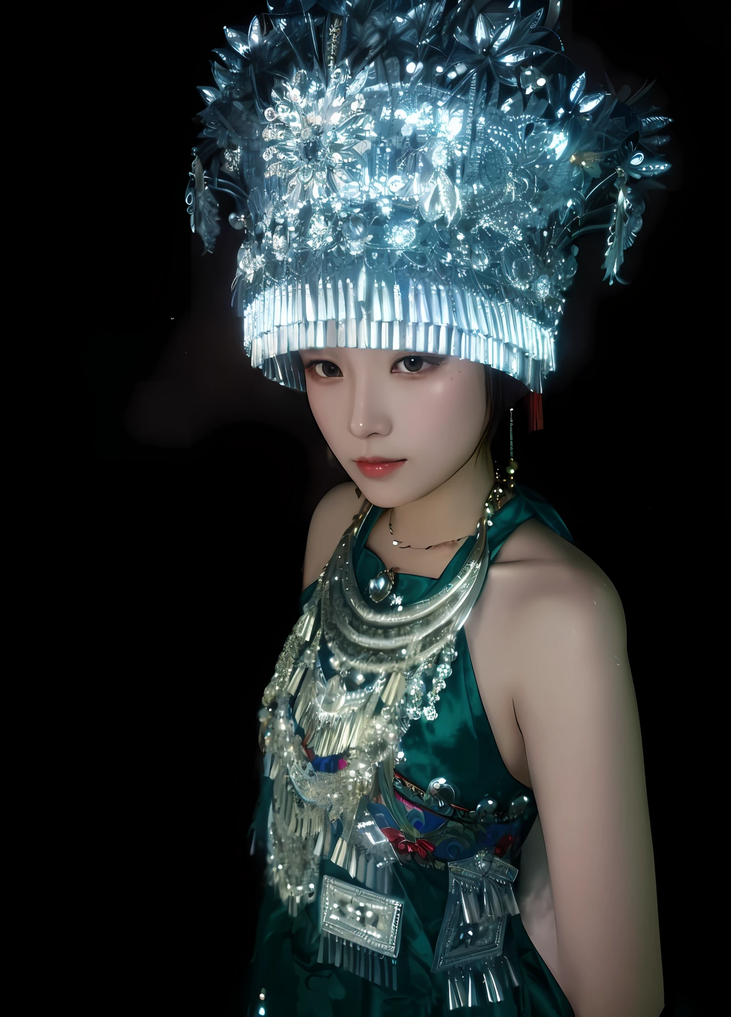 Close-up of a woman wearing a silver hat and large feathers, intricate chrome headdress, tai traditional bronze headdress, headdress, jellyfish headdress, liquid headdress, Inspired by Lan Ying, centered headdress, ornate headdress, inspired by Xie Huan, Gemstone tiara, inspired by Jin Nong, elaborate ornate head piece, ornate headdress