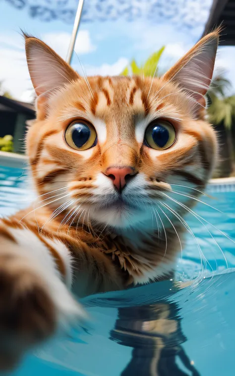 there is a cat that is swimming in the pool, a cat swimming in water, looking into the camera, looking directly at the camera, looking straight into the camera, looks directly at camera, liquid cat, looks at the camera, waving at the camera, awesome cat, l...