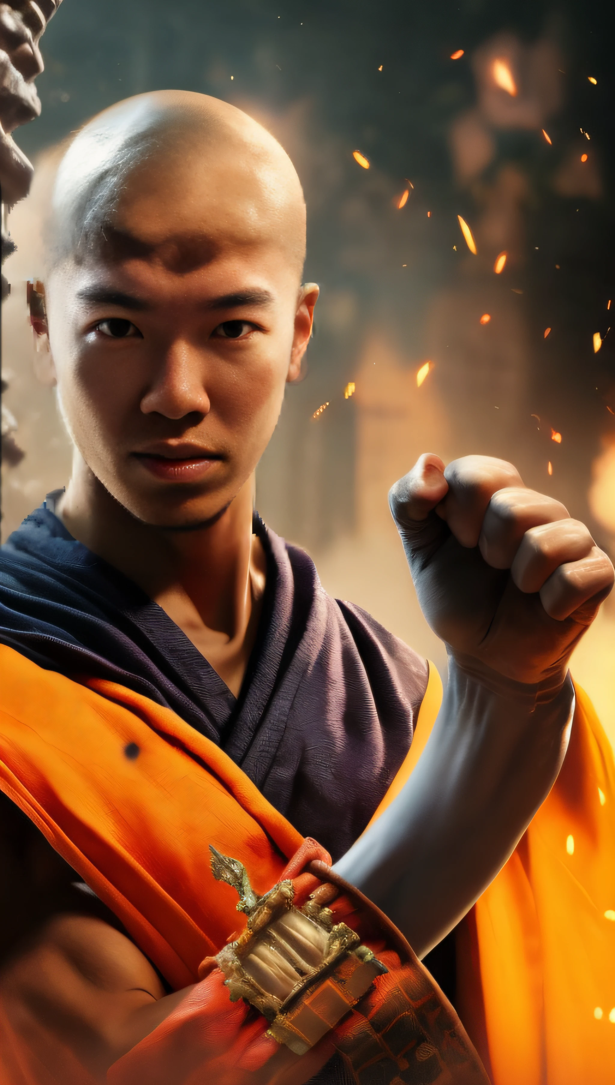 . Shaolin monk hyper - detailed, make a super power fist and destroys the world, cinematic 8k