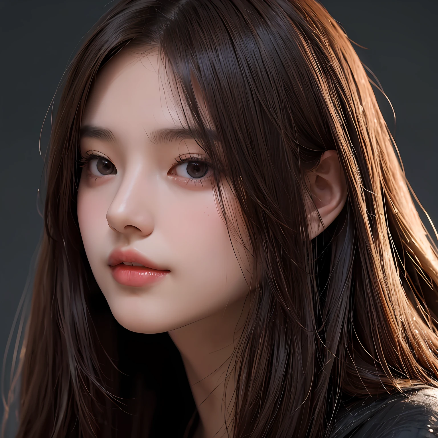 best qualtiy，tmasterpiece，A high resolution，真实感，RAW photogr，1girl，brunette color hair，Tall and tall，The background color is dark，There is a strong sense of contrast，The skin is tender and textured，cold light，With a shallow smile，With deep eyes --auto