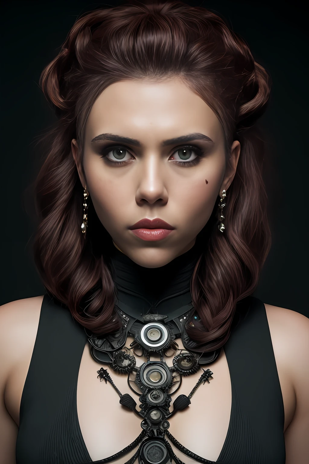 scarjo-subject Biomechanischer Hacker - Schamane der Schwesternschaft der Kabel trägt Kabel - Kleid aus Kabeln mit biomechanischem Filigran, Super Haute Couture hochdetaillierte Augen, sehr detaillierte Lippen, Hochdetaillierte Haut, bokeh, lenseflare, von Emil Melmoth, Marcin Nagraba, Rebecca Millen, aufgenommen mit Hasselblad X1D - 50c