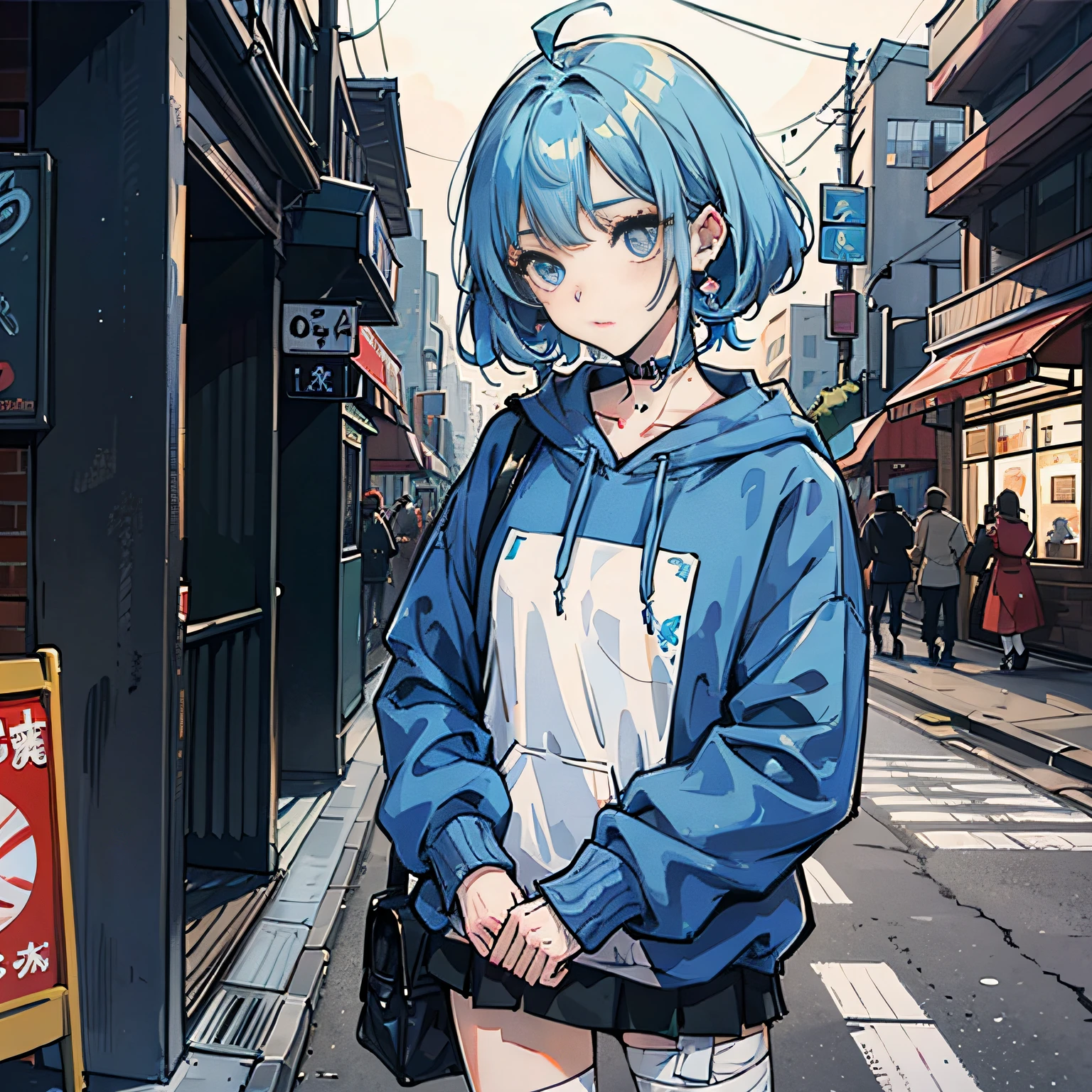 A pretty girl，Bandaged blue hair。Street corner makeup shines，Sweatshirt，Beautiful anime style。
