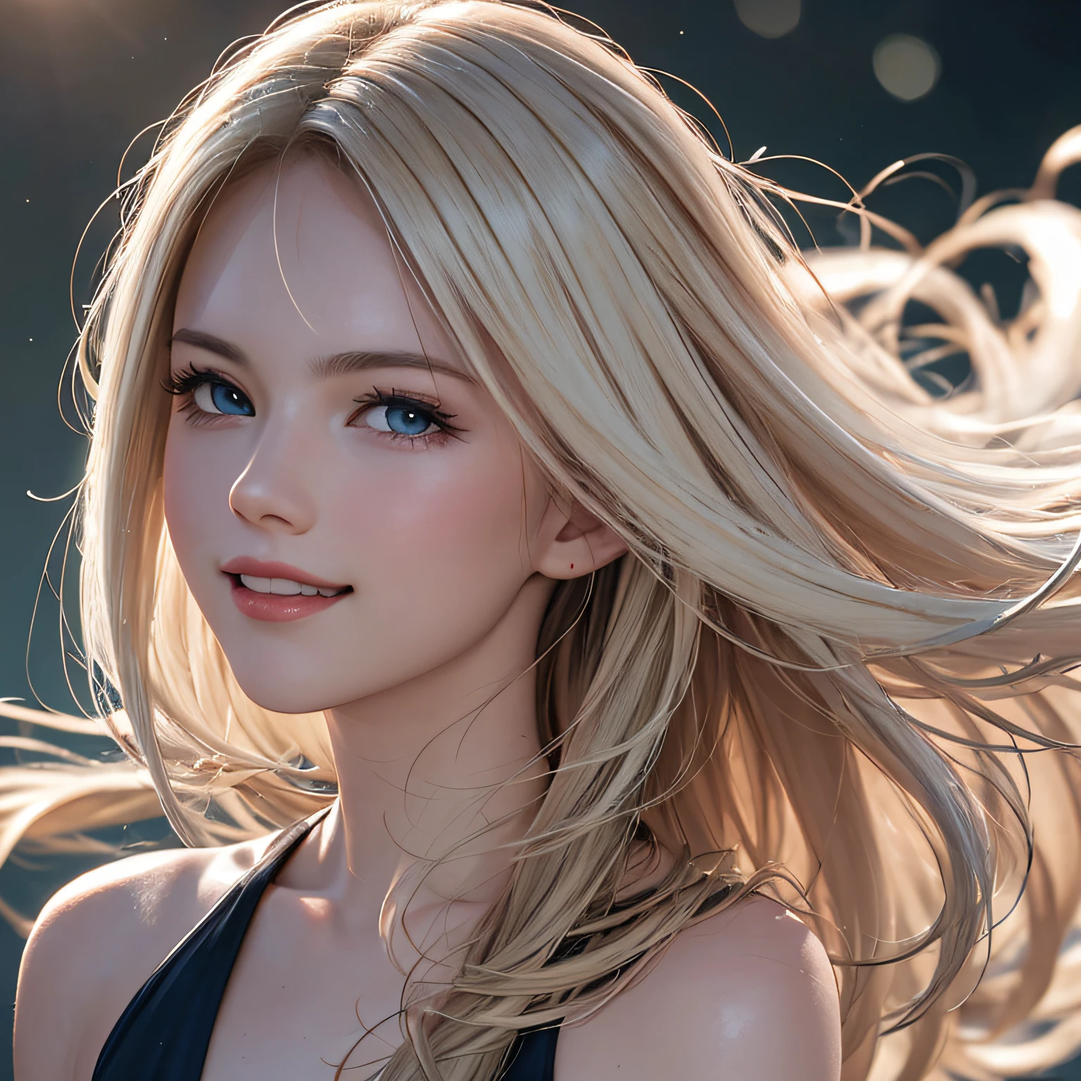 (8K, RAW Photos, of the highest quality, Masterpieces: 1.2), (Realistic, Photorealistic: 1.37), Highest Quality, Ultra High Resolution, light  leaks, Dynamic lighting, Slim and smooth skin, (Full body:1.3), (Soft Saturation: 1.6), (Fair skin: 1.2), (Glossy skin: 1.1), Oiled skin, 22 years old, Night, shiny white blonde, Well-formed, Hair fluttering in the wind, Close-up shot of face only, Physically Based Rendering, From multiple angles, A big smile