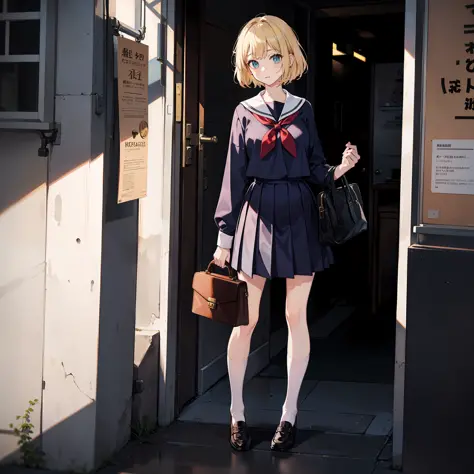 Description of a short-haired young woman holding a briefcase, 1 girl, solo, Alice Margatroid, school uniform, Gohei, skirt, sho...