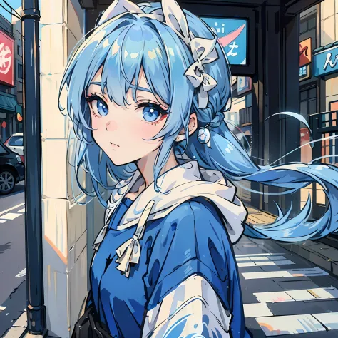 A pretty girl，Bandaged blue hair。Street corner makeup shines，Sweatshirt，Beautiful anime style，long whitr hair
