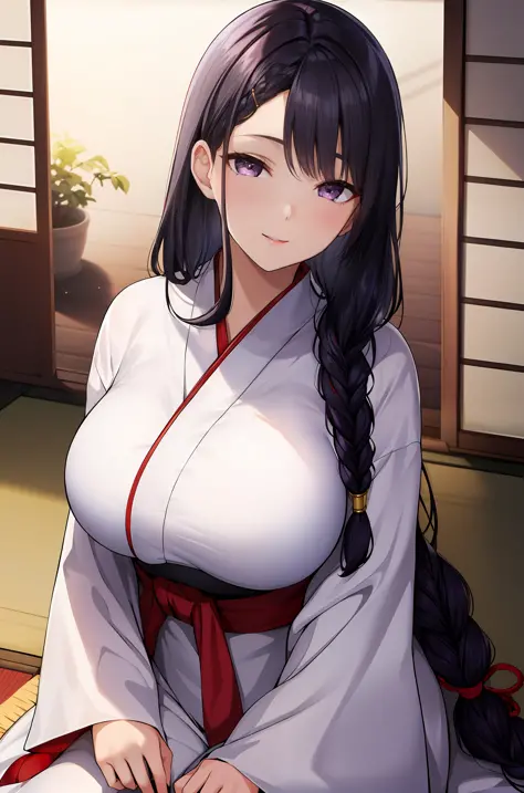 (Night:1.7), East Asian Architecture, Sit with attention, sit on tatami mats, White_kimono, black_hair, long_hair, hair_pulled_b...