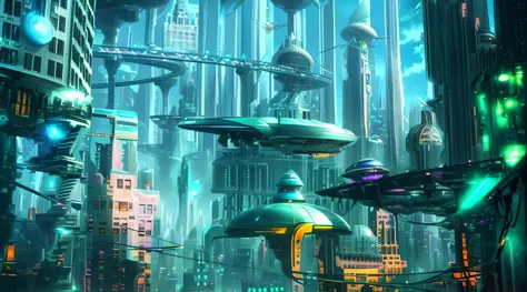 futuristic city with a futuristic flying saucer in the middle of it, in fantasy sci - fi city, otherwordly futuristic city, futuristic dystopian city, science fiction city, futuristic utopian metropolis, futuristic metropolis, beautiful city of the future,...