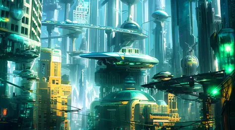 futuristic city with a futuristic flying saucer in the middle of it, in fantasy sci - fi city, otherwordly futuristic city, futuristic dystopian city, science fiction city, futuristic utopian metropolis, futuristic metropolis, beautiful city of the future,...