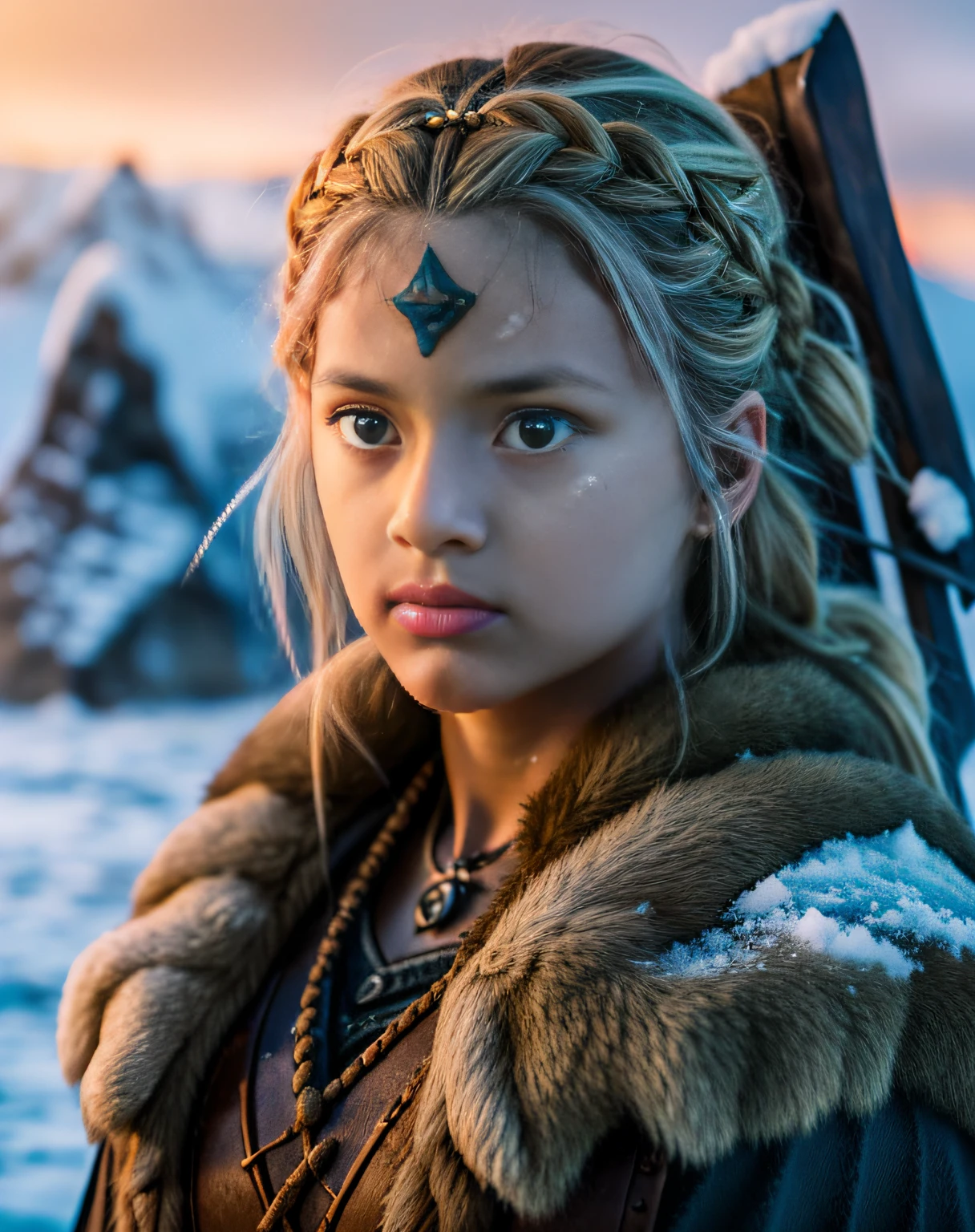 Ylva de vinland saga, woman, dark blonde hair, dark blue eyes, serious, brown skin cassac white edges, in the snow, standing in front of a mountain, Vinland Saga, female protagonist, cinematic lighting, high detail, super detail, 4K