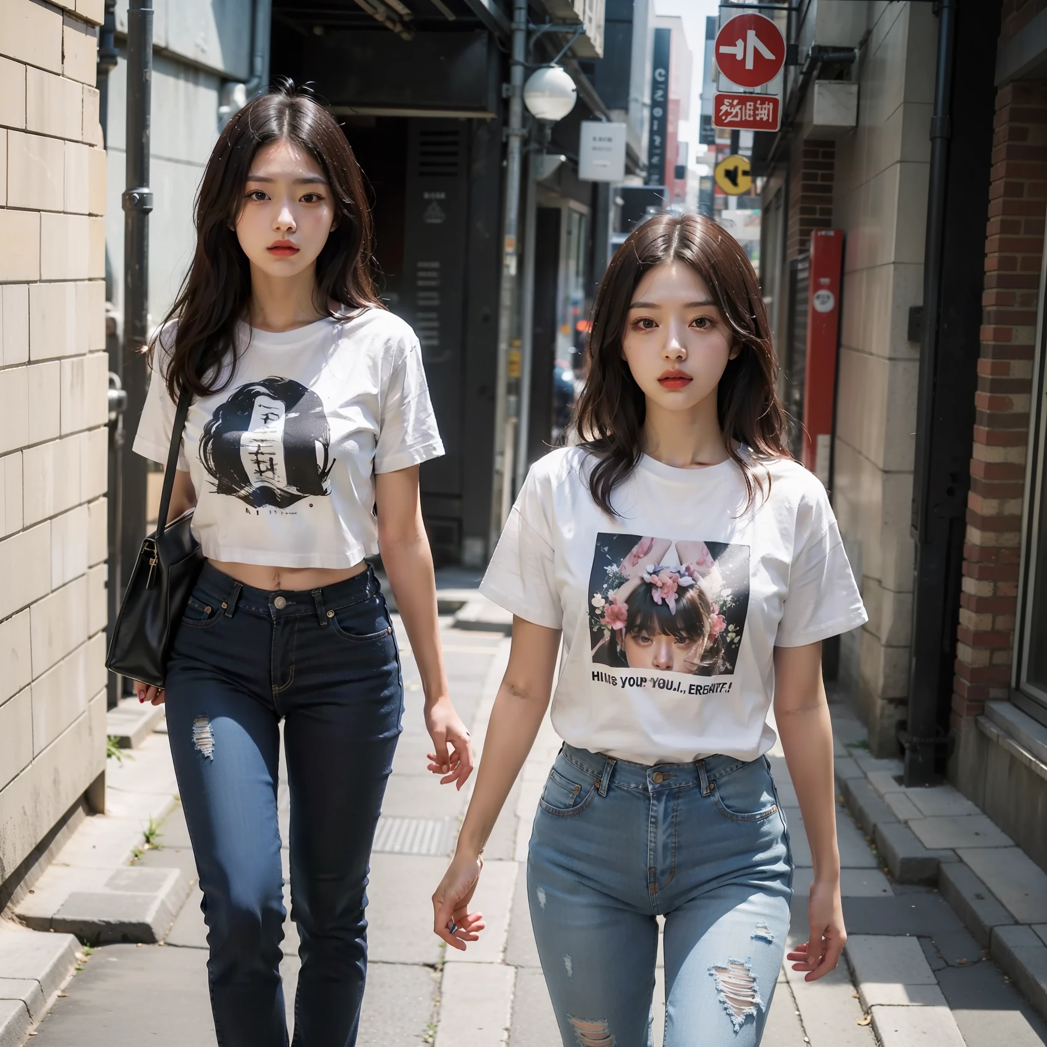 Beautiful young woman wearing a confy printed white T-shirt and black Oxford jeans. Detailed eyes, detailed face. Dynamic pose. Minimal natural make-up, one sided pony tale, dark hair. (Full body:1.0). Street alley as background. Photography, ray traicing.