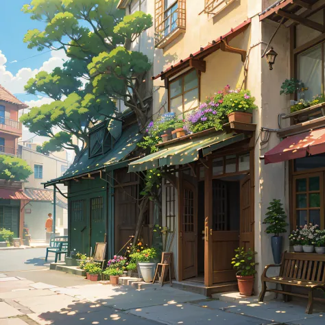 Draw a terrace with benches and chairs and potted plants, Anime background art, studio ghibli sunlight, detailed soft painting, beautiful anime scenes, Detailed scenery —width 672, Relaxing concept art, at summer afternoon, balcony scene, inspired by Miho ...