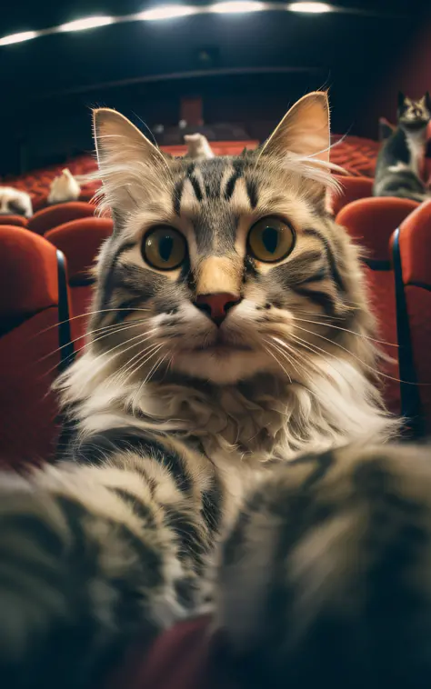 there is a cat that is sitting in a theater looking at the camera, cat photo, photo of a cat, waving at the camera, staring into the camera, staring in the camera, looking directly at the camera, paw pov, looking directly at the viewer, looking into the ca...