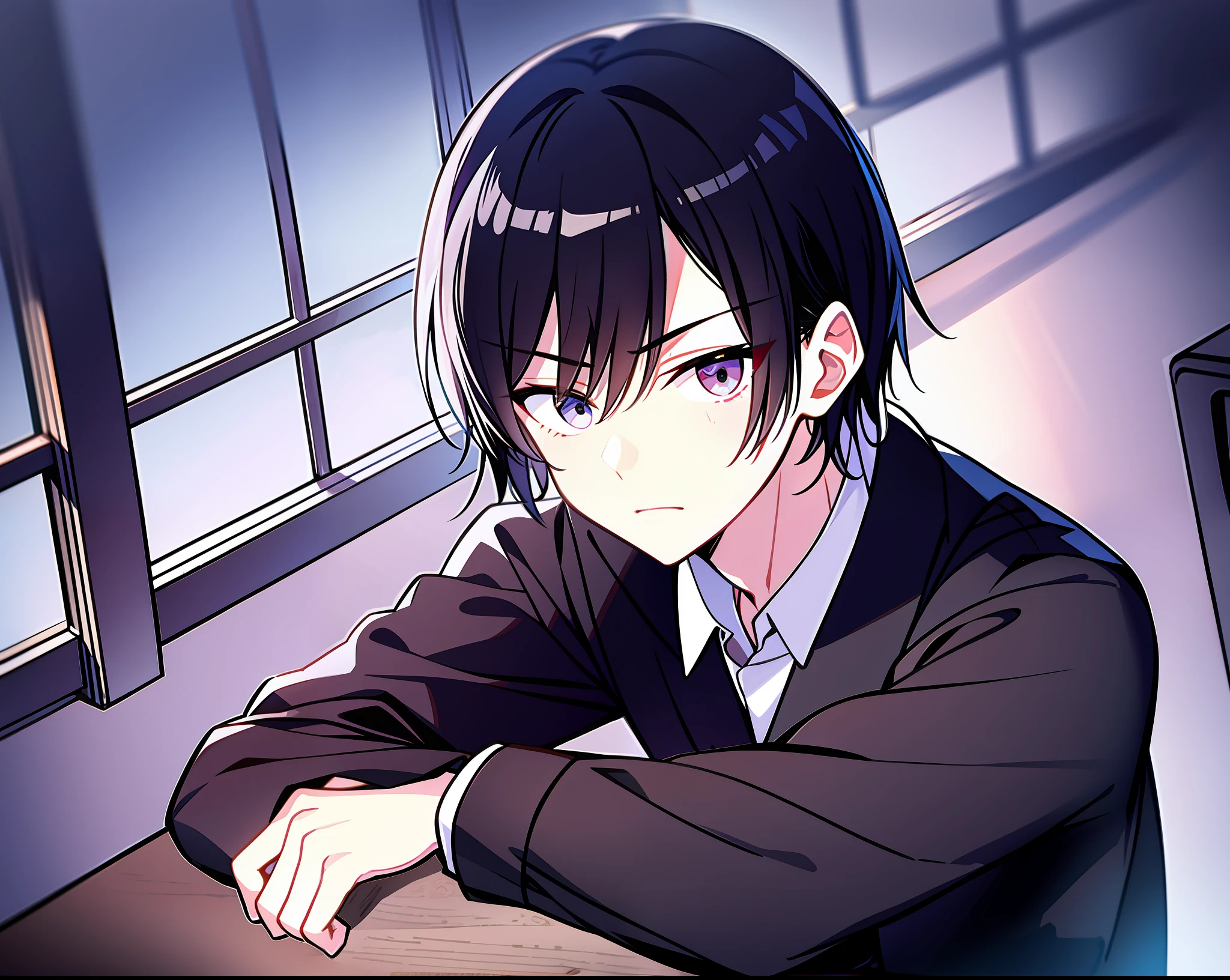 Melancholic and handsome male protagonist，A 17-year-old Japanese anime character。Black hair and eyes，Dressed in black school uniform，Sit in the window seat in the penultimate row of the classroom。He put his hands on his legs，The eyes are very indifferent and look ahead，You can't see any smile on your face，The corners of the mouth are downward。The lens of the picture hits the male protagonist，Front view，bust，The male protagonist is in the center of the picture，Empty eyes，The classrooms are Japanese-style wooden structures，Full of fine details and light and shadow effects，It has an artistic touch。Exhibits masculine characteristics，No eyeliner、Long eyelashes or soft eyes，The eyes should be sharp，Do not draw female figures。