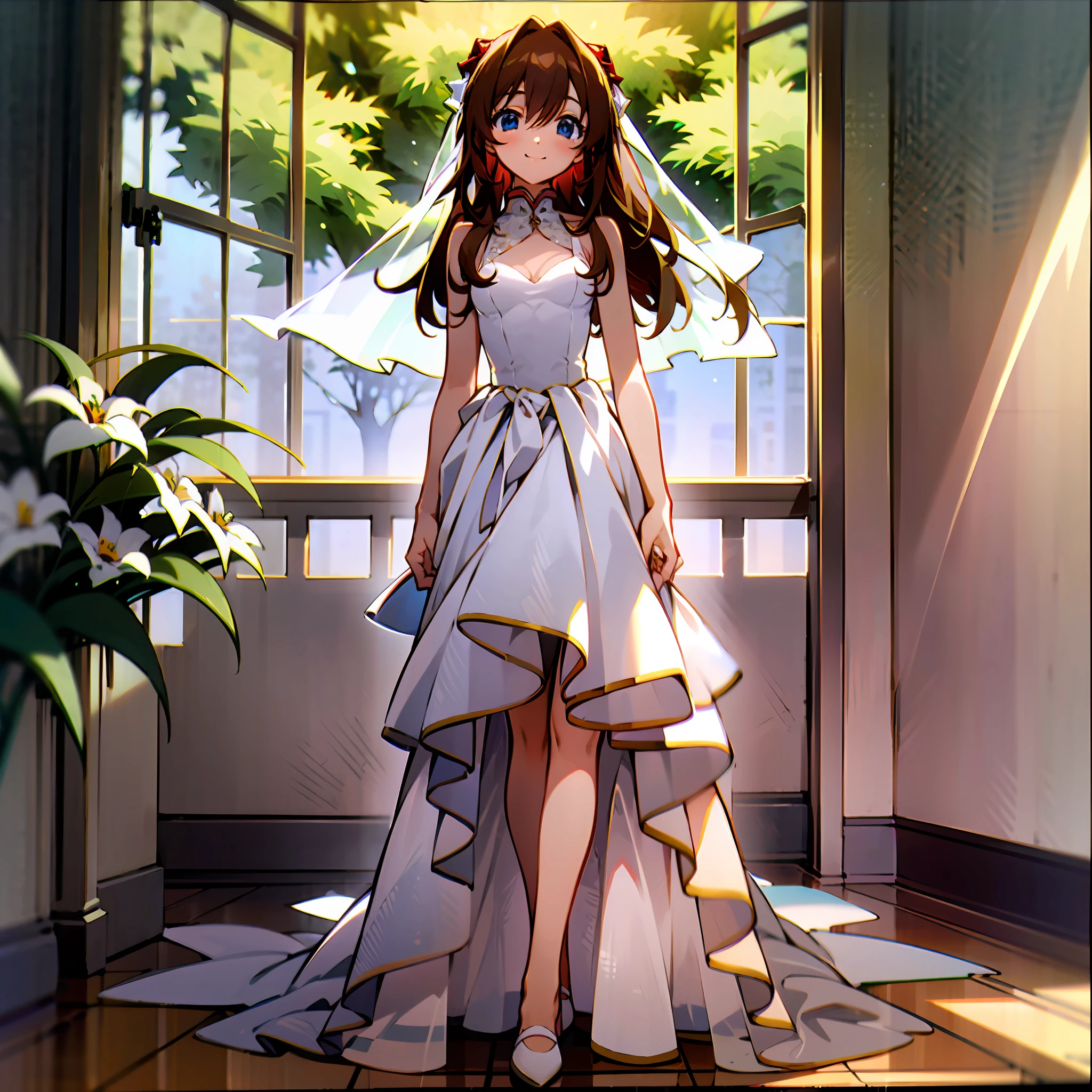 ((best qualtiy))，((tmasterpiece))，(Detail 1.4)，明日香，Hyper-Resolution，8k，fresh flowers，Holding flowers，rays of sunshine，lots of brightness，Warm color 1.2，The camera is located below the character，Wedding dress 0.6，facing at camera，blue color eyes，Small eyes，1个Giant Breast Girl，ssmile，0 in front of the window.8，the sun shines through the window，Wearing a plain white wedding dress，lace decorations，face to the viewer，Long brown hair，figure，standing on your feet，inside in room，light and shadow effect，