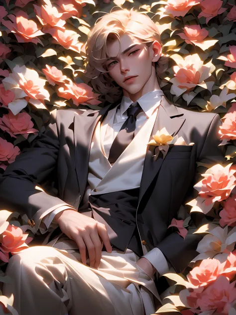 blond haired man in a suit and tie laying on a bed of flowers, beautiful androgynous prince, delicate androgynous prince, inspir...