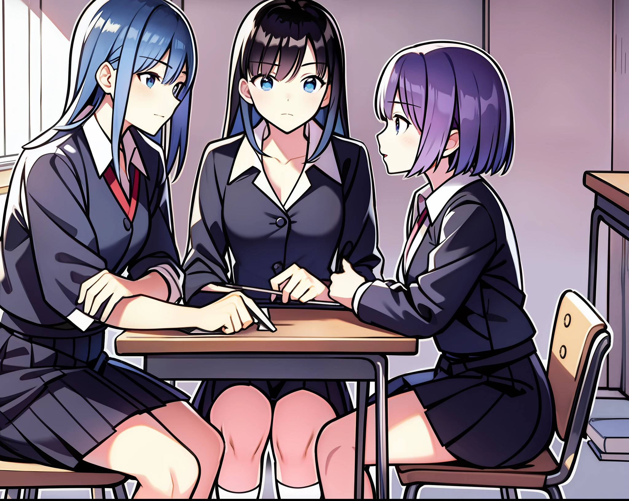 A scene of three students discussing with each other，One man and two women，In a Japanese anime style，Japanese anime characters，Sit in the classroom and discuss with each other，Talk and laugh，The boys wear black school uniforms and black trousers，Girls wear black school uniforms and short white skirts，The background is a Japanese-style wooden classroom，Seats are seated separately。detail-rich，Japanese anime style，line sleek，Unique light and shadow，Beautiful，High definition。